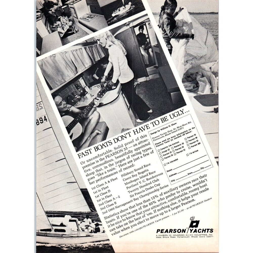 1971 Pearson Yachts 33 Yacht Vintage Print Ad Interior Cabin Guitar Wall Art 70s